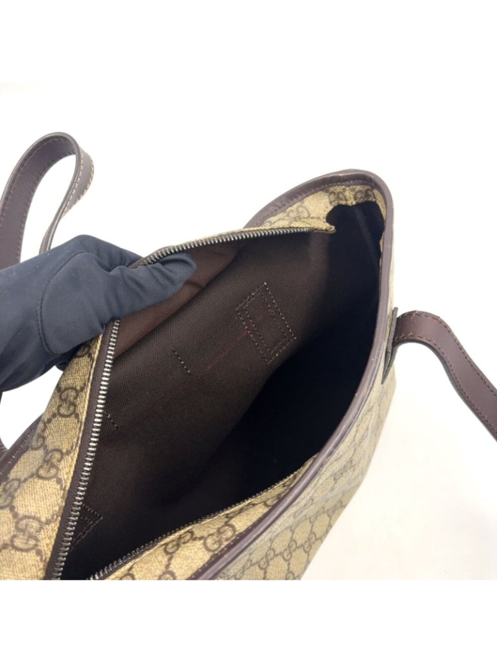 Gucci GG Supreme Leather Canvas Khaki Beige Dark Brown Tote Bag Silver - Picture 12 of 15